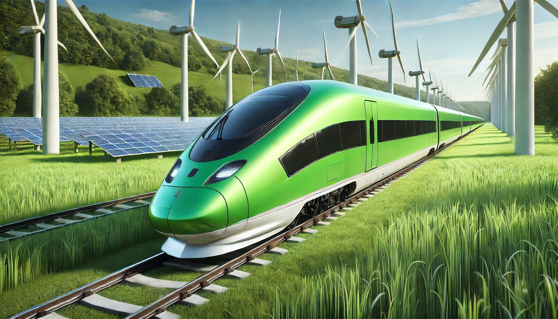 Train travelling through a green landscape